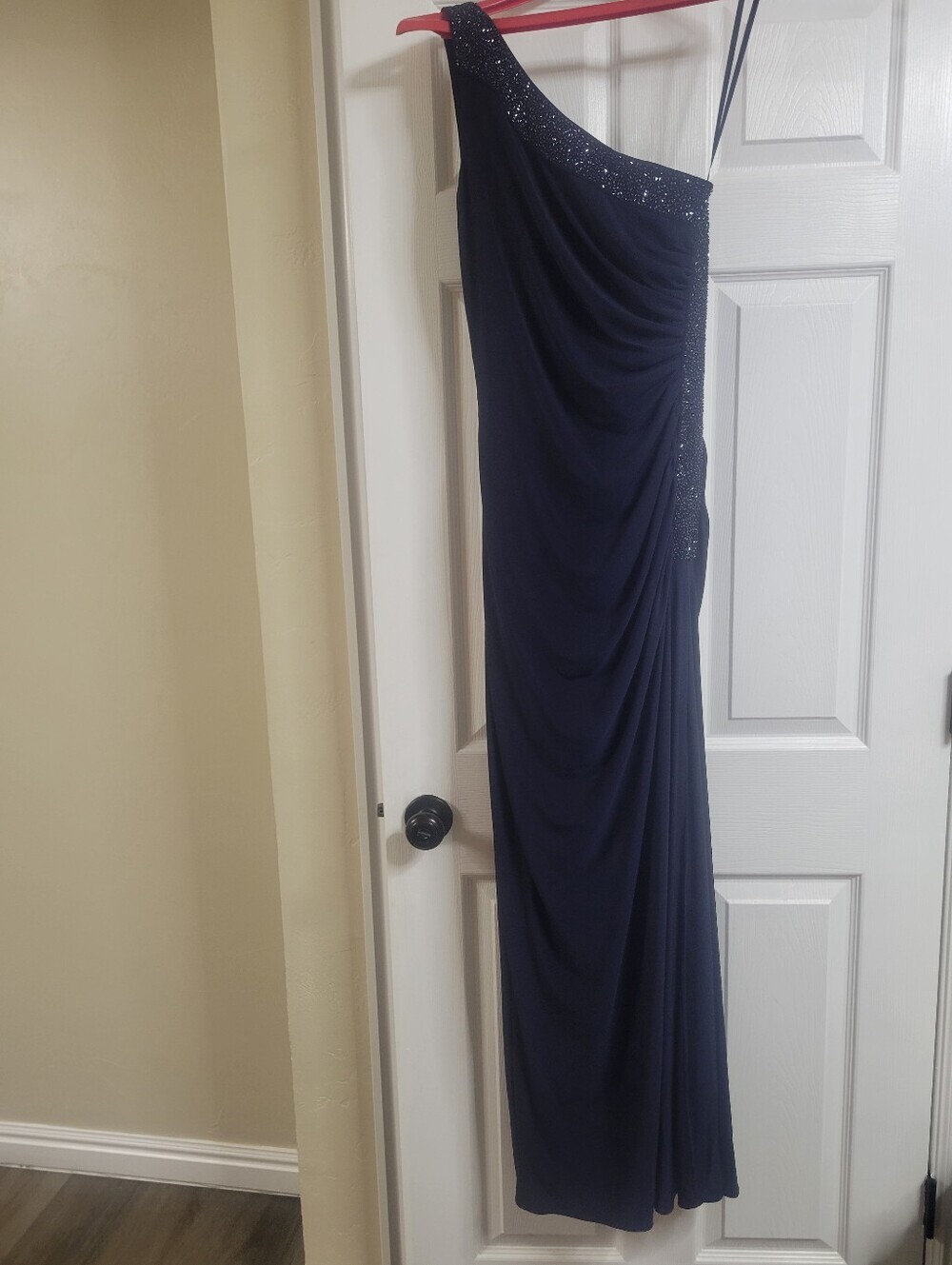 Betsy & Adam navy blue maxi dress with blue beaded embellishments